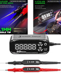 Top Notch Ergonomic Digital Multimeter With Big Bright Screens Auto Shutdown And High Accuracy Voltage Current Capacitance Testing For All Electric Gigs, close-up of 3-screen display and probe tips.