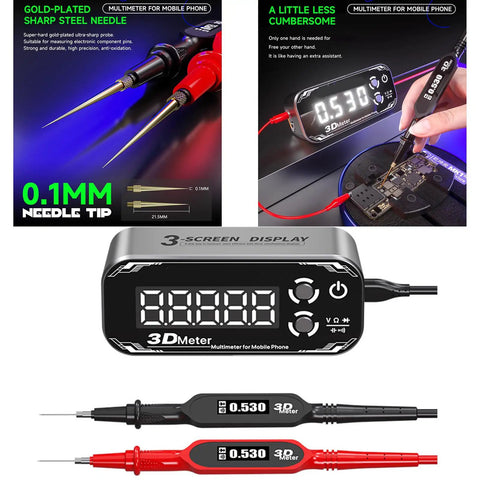 Top Notch Ergonomic Digital Multimeter With Big Bright Screens Auto Shutdown And High Accuracy Voltage Current Capacitance Testing For All Electric Gigs, close-up of 3-screen display and probe tips.