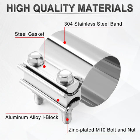 2.5 Inch Exhaust Clamp Beefed Up 304 Stainless Steel Heavy Duty Lap Joint Band Clamp For Mufflers Catalytic Converters And Exhaust Piping Durable Corrosion Resistant Rolled Edge Design 2 Pack featuring bolts and gasket