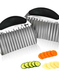 Front view of 2-pack large stainless steel crinkle cutters with black ergonomic non-slip handles for vegetables