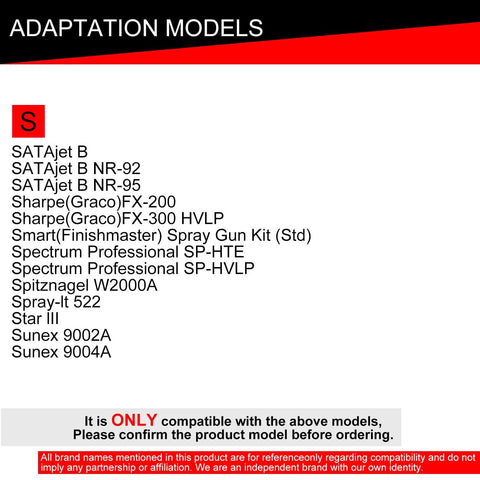 SOEOSSUM 26003 PPS 2.0 spray gun adapter compatibility list; models include SATAjet B NR-92 NR-95 FX-200 FX-300 HVLP.