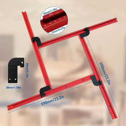 Top Shelf Adjustable Router Jig And Juice Groove Template For Sweet Custom Cabinet Projects 23.6 Inch Working Area Tool with red aluminum measuring guides.