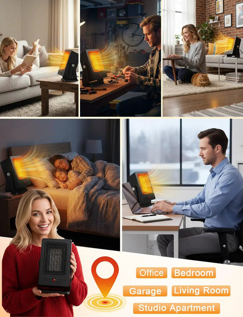 Indoor Space Heater For Desktop Use Fast 2 Second Heating PTC Ceramic Compact Personal Electric Heater in various room settings
