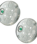 Two Built Tough Shallow Round Metal Electrical Junction Boxes 1/2 Inch Deep Galvanized Steel Wiring Hub with pre-cut ports.