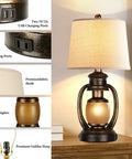 Rustic Lantern Table Lamp For Living Room And Bedroom End Table With Oatmeal Tapered Drum Shade, Built In USB Ports And AC Outlet