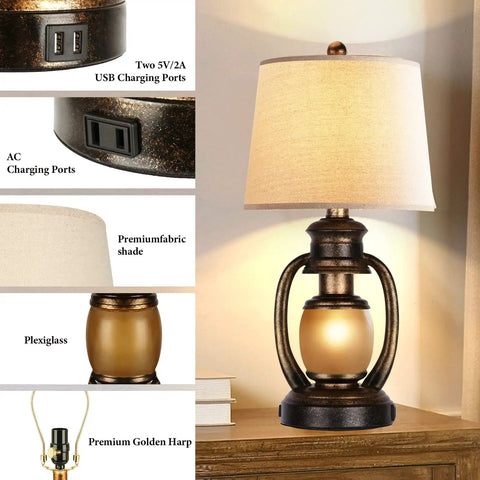 Rustic Lantern Table Lamp For Living Room And Bedroom End Table With Oatmeal Tapered Drum Shade, Built In USB Ports And AC Outlet