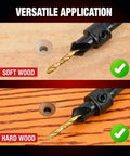 Heavy Duty 13 Piece Adjustable Countersink Drill Bit Set shown drilling into soft and hard wood surfaces.