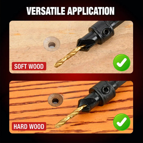 Heavy Duty 13 Piece Adjustable Countersink Drill Bit Set shown drilling into soft and hard wood surfaces.