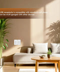 No-Nonsense Heavy-Lifting 65W GaN PD Fast Charging USB Wall Outlet With Dual Type C And Type A Ports, installed in a cozy living room.