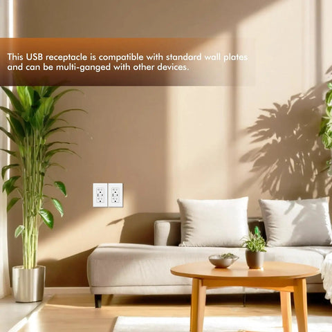 No-Nonsense Heavy-Lifting 65W GaN PD Fast Charging USB Wall Outlet With Dual Type C And Type A Ports, installed in a cozy living room.