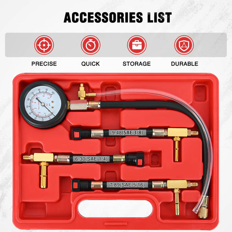 Nilight fuel pressure gauge tester kit with quick-connect hose, 0-100 psi, brass fittings in red carrying case