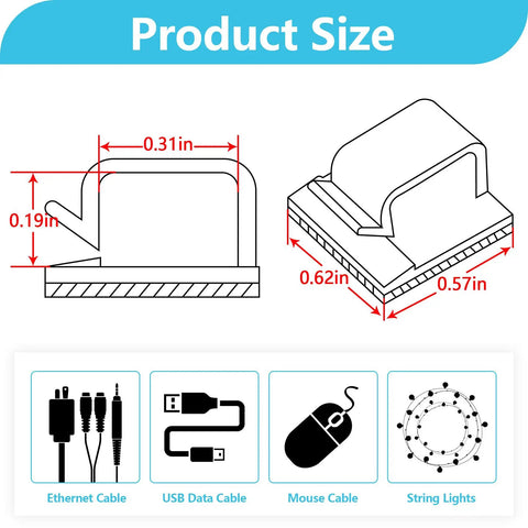 Product size diagram of 100 Pack Adhesive Cable Clips Clear for Cables Up To 5mm with dimensions 16mmx14.5mm, for various cables.
