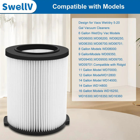 VF4000 Replacement Filter For 5 To 20 Gallon Wet Dry Vacuums And Husky 6 To 9 Gallon Models, instructions and list of compatible vacuums.