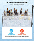 Top view of 80 Quart On Wheels Ice Chest Cart With 2 Stage Telescopic Handle And Dual Swivel Casters filled with bottles, on ice