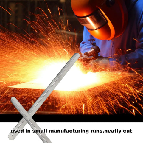Image of Four Pack One Quarter Inch Square Stainless Steel Key Stock Bar Stock Twelve Inch Cold Drawn Plain Finish held in front of a welding scene.