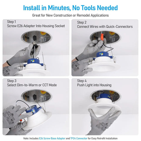 TORCHSTAR 4-Pack 6CCT 6 Inch LED Recessed Lighting Retrofit, Dim to Warm installation steps with E26 adapter and wiring connections.