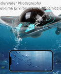 WiFi Enabled Remote Control Camera Boat With 6 Channel Waterproof System, showcasing underwater view on smartphone.