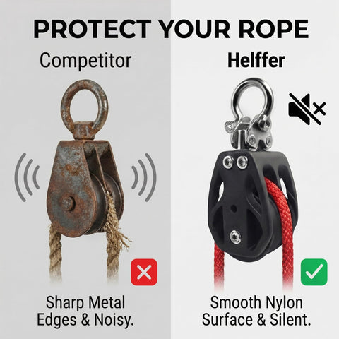 Comparison of a rusty metal pulley and Double Pulley Block 50mm With 316 Stainless Steel Heavy Duty 880 Lb Capacity Silent Nylon Wheels