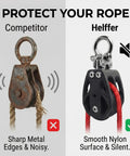 Comparison of competitor's noisy pulley vs Helffer's smooth nylon pulley, highlighting rope protection features.