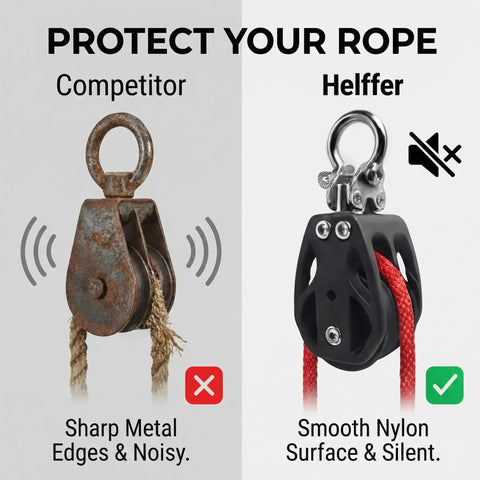 Comparison of competitor's noisy pulley vs Helffer's smooth nylon pulley, highlighting rope protection features.