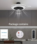Enclosed 20 Inch Ceiling Fan With Lights And Remote Ultra Quiet Modern Low Profile DC Motor and included package contents.