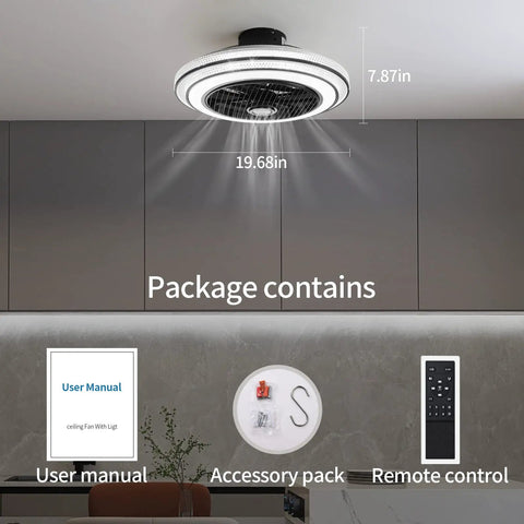 Enclosed 20 Inch Ceiling Fan With Lights And Remote Ultra Quiet Modern Low Profile DC Motor and included package contents.
