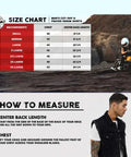 Size chart and measurement guide for Men's Black Lightweight Denim Shirt With Frayed Cut Off Sleeves Sleeveless Button Down Breathable Cotton Blend Casual Everyday Wear Comfortable Fit Size X Large Great For Layering, with a model beside a motorcycle.