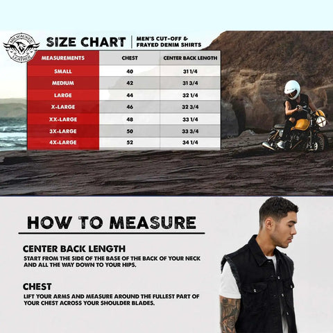 Size chart and measurement guide for Men's Black Lightweight Denim Shirt With Frayed Cut Off Sleeves Sleeveless Button Down Breathable Cotton Blend Casual Everyday Wear Comfortable Fit Size X Large Great For Layering, with a model beside a motorcycle.