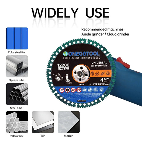 ONEGOTOOL 4-1/2 in diamond cutting disc for angle grinder, front view, universal all materials, 3-pack
