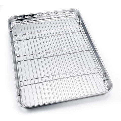 Stainless Steel Baking Sheet Set With Rack For Oven And Dishwasher Safe 19.6 Inch Two Pans And Two Racks on white background