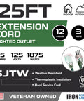 25FT 12 Gauge Extension Cord 3 Wire 15A 125V 1875W Lighted Outlet Weather Resistant for Indoor Outdoor Use