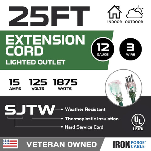 25FT 12 Gauge Extension Cord 3 Wire 15A 125V 1875W Lighted Outlet Weather Resistant for Indoor Outdoor Use