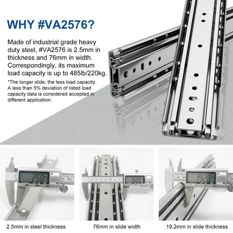 20 Inch Beefy Heavy Duty Drawer Slide Without Lock, 2 Inch Wide, Handles Up To 250 Lb, 3 Fold Full Extension, Ball Bearing Side Mount