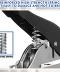 Close-up of heavy duty handheld hole puncher spring mechanism with spare spring, part of the Three Pack Heavy Duty Handheld Hole Puncher Set Delivers Clean One Quarter Inch, Five Sixteenths Inch, And Three Eighths Inch Holes Through Paper Card Plastic And Cardboard For Go To Office Or Craft Projects.