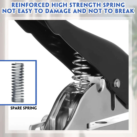 Close-up of heavy duty handheld hole puncher spring mechanism with spare spring, part of the Three Pack Heavy Duty Handheld Hole Puncher Set Delivers Clean One Quarter Inch, Five Sixteenths Inch, And Three Eighths Inch Holes Through Paper Card Plastic And Cardboard For Go To Office Or Craft Projects.