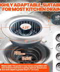 Three In One Sink Stopper And Strainer Set showing measurements and compatibility with kitchen drains, depth 1.7 inches.