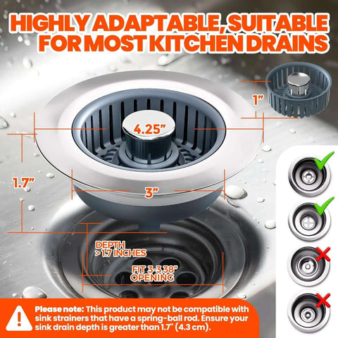 Three In One Sink Stopper And Strainer Set showing measurements and compatibility with kitchen drains, depth 1.7 inches.
