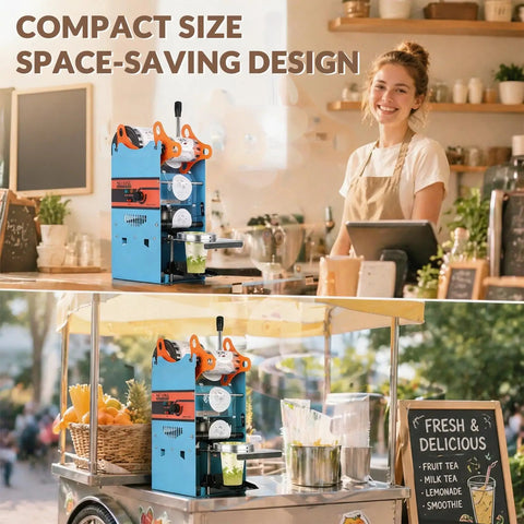 Heavy Duty 110V Manual Cup Sealer Handles 90 And 95 Mm Cups Up To 7 Inches Tall With Straight Up Smooth Sealing For Boba Spots And Mobile Kiosks That Really Go Hard in a cafe setting.