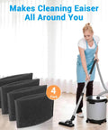Person using a vacuum beside a 4 pack foam sleeve filter for 5 gallon and above wet dry vacuums replacement foam sleeve.
