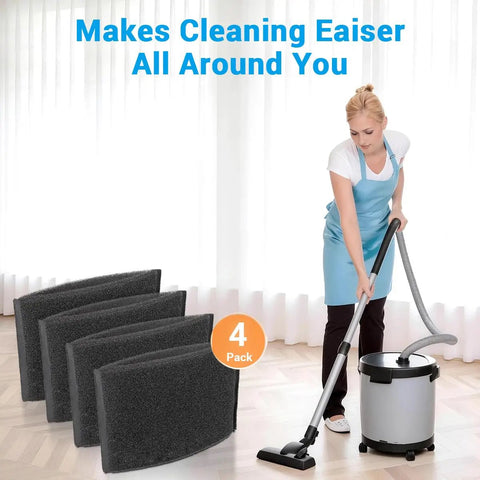 Person using a vacuum beside a 4 pack foam sleeve filter for 5 gallon and above wet dry vacuums replacement foam sleeve.