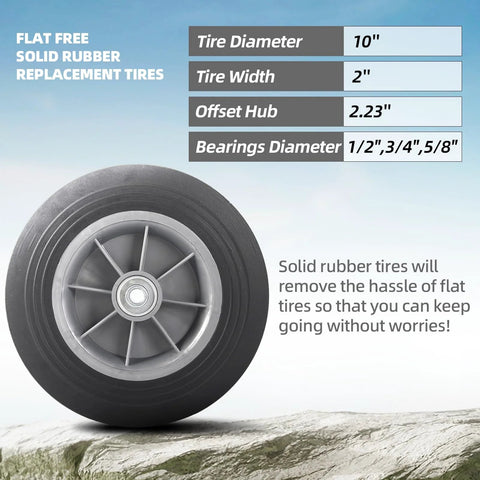 Two Pack 10 Inch Flat Free Solid Rubber Tire And Wheel Assembly with grey rubber wheel and size specifications chart