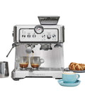 Barista Grade Home Espresso Machine With 9 Bar Pressure Automatic Coffee Maker Manual Tamper Auto Cleaning Built In Bean Grinder Milk Steamer And Frother Brews Cafe Style Cappuccino And Latte At Home with cups and croissant