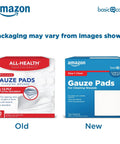 Comparison of old and new packaging for Sterile 4x4 Inch Gauze Pads For Cleaning Covering And Cushioning Cuts And Minor Injuries 12-Ply Extra Absorbent 50 Count One Pack Must Have First Aid Kit Essential.