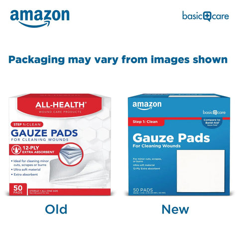 Comparison of old and new packaging for Sterile 4x4 Inch Gauze Pads For Cleaning Covering And Cushioning Cuts And Minor Injuries 12-Ply Extra Absorbent 50 Count One Pack Must Have First Aid Kit Essential.