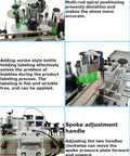 Close-up of Heavy Duty 110V Desktop Automatic Conveyor Bottle Labeler showing multi-rod spiral positioning mechanism and spoke adjustment.