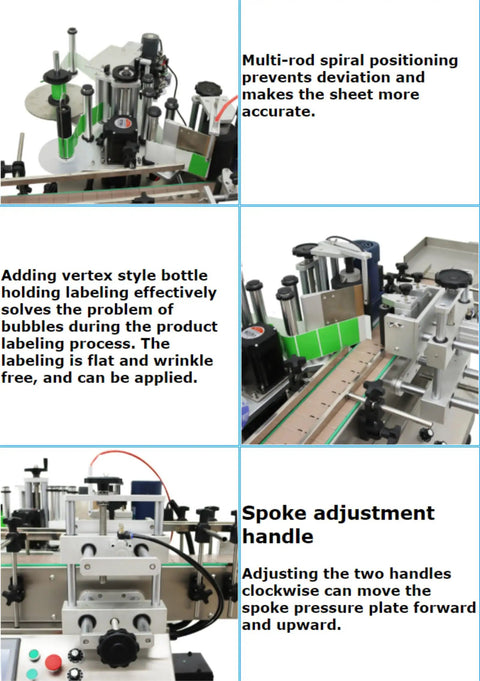 Close-up of Heavy Duty 110V Desktop Automatic Conveyor Bottle Labeler showing multi-rod spiral positioning mechanism and spoke adjustment.