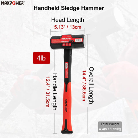 4 Pound Sledge Hammer With Steel Head And 12 Inch Fiberglass Handle Shock Resistant Drop Forged Construction Corrosion Resistant Lightweight Durable Anti Slip Ergonomic Grip For Beefy Heavy Duty Framing And Demolition, labeled with dimensions and weight.