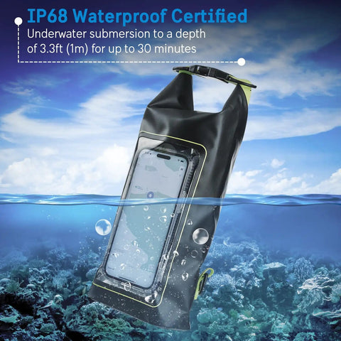 IP68 Waterproof Dry Bag 2L Roll Top Backpack With Phone Case And Pouch For Boating Kayaking Camping Beach Fishing Rafting Travel Go-To Gear Black And Yellow submerged in water showcasing waterproof feature.