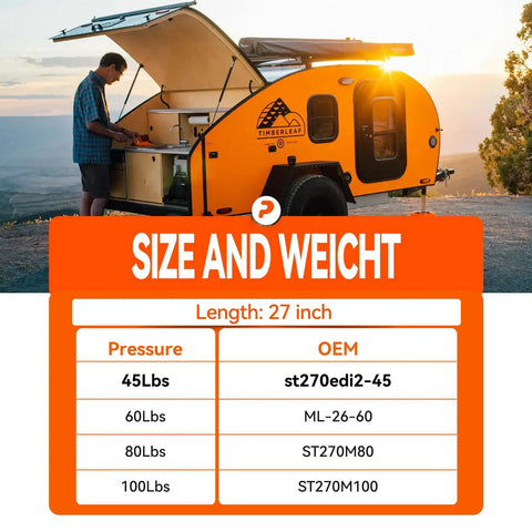 Heavy Duty 27 Inch Gas Struts 45 Lbs For Truck Tonneau Cover, 2 Pack size and weight specifications on an orange camper.