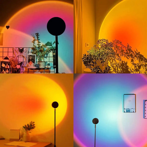 Sunset Lamp With 16 Colors And 4 Modes Remote Control Color Changing Rainbow Light LED Projector casting vibrant hues on walls